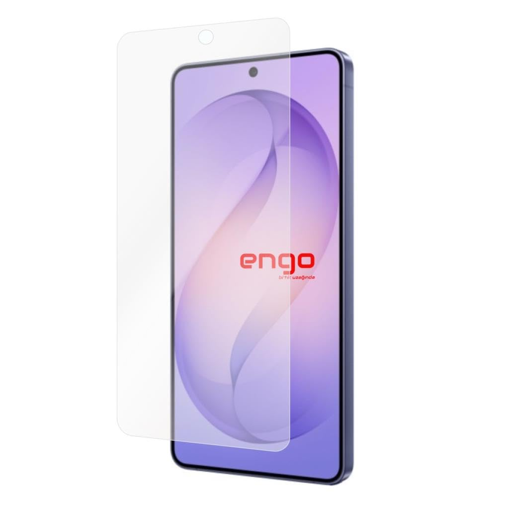 Mor duvar kağıtlı akıllı telefon ve önünde şeffaf ekran koruyucu.