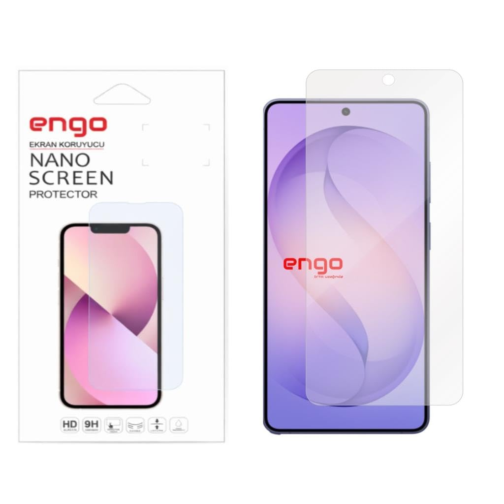 Engo Nano Ekran Koruyucu ambalajı ve ekrana uygulanmış koruyuculu akıllı telefon.