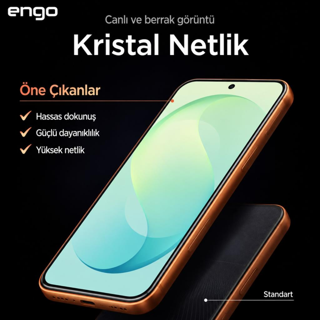 Siyah arka planda ekran koruyuculu akıllı telefon ve ürün tanıtım yazıları.