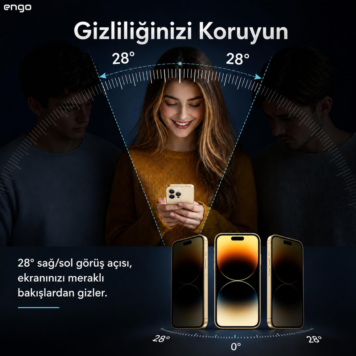 28 derecelik görüş açısı ekranı meraklı bakışlardan gizlerken bir kadın telefon kullanıyor.