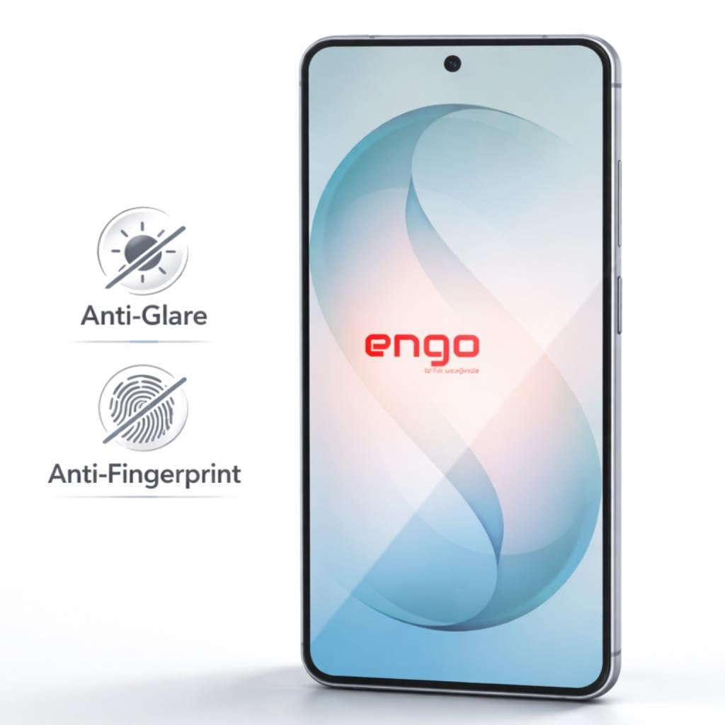 Ekranında engo logosu bulunan bir akıllı telefon, parlama önleyici ve parmak izi önleyici özellik simgeleriyle birlikte.