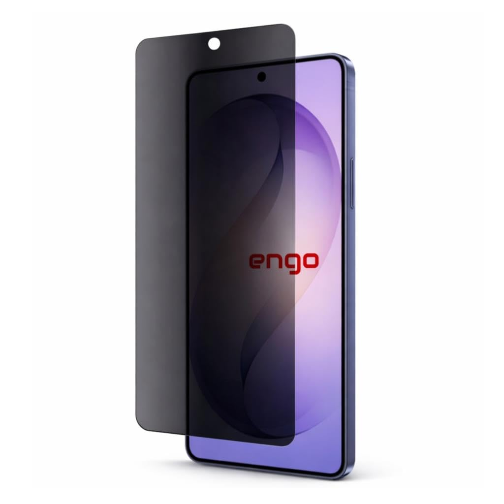 Gizlilik ekran koruyucusu kısmen kaldırılmış, mor ekranında engo logosu olan bir akıllı telefon.