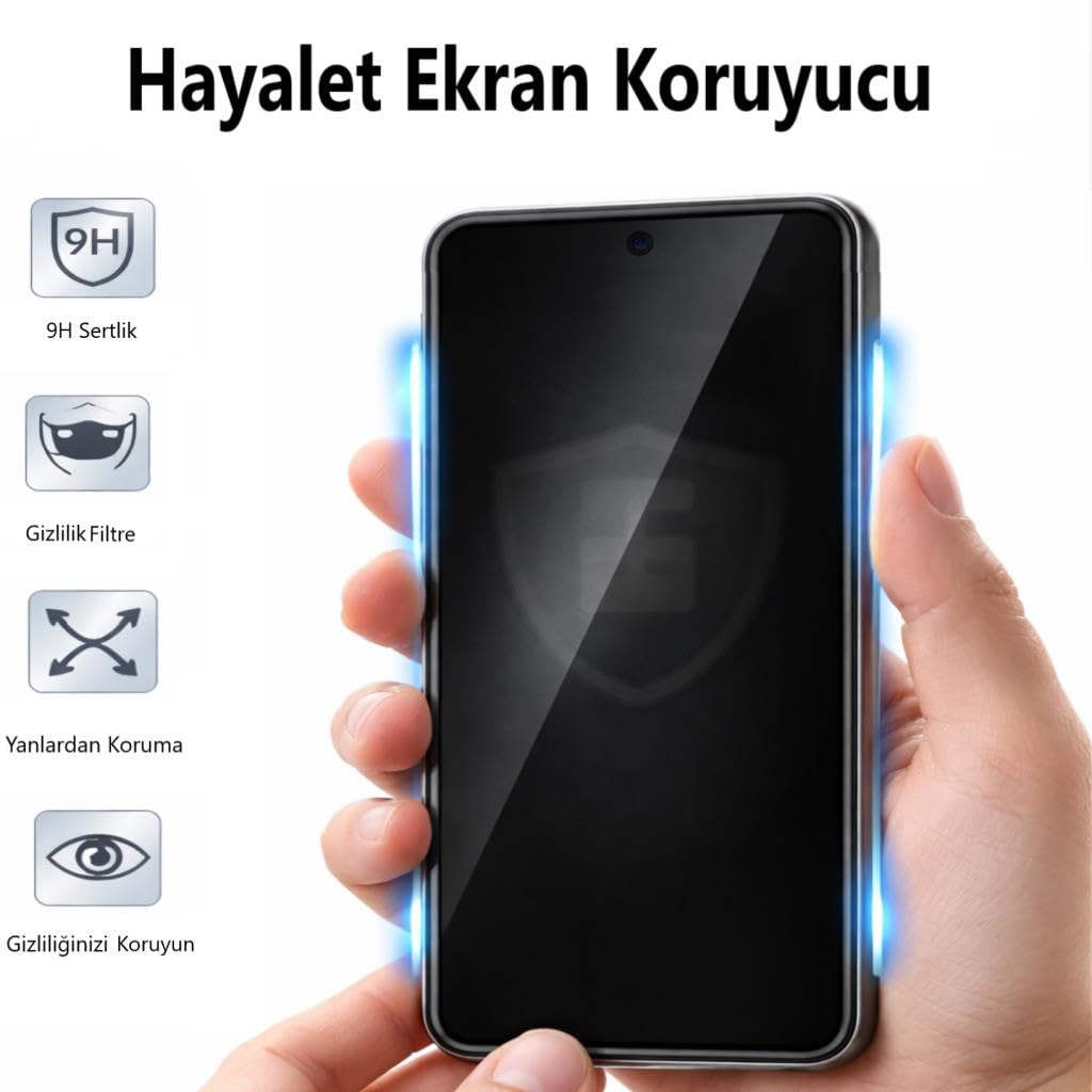 Ellerde tutulan hayalet ekran koruyuculu akıllı telefon, solda simgeler ve Türkçe metin.