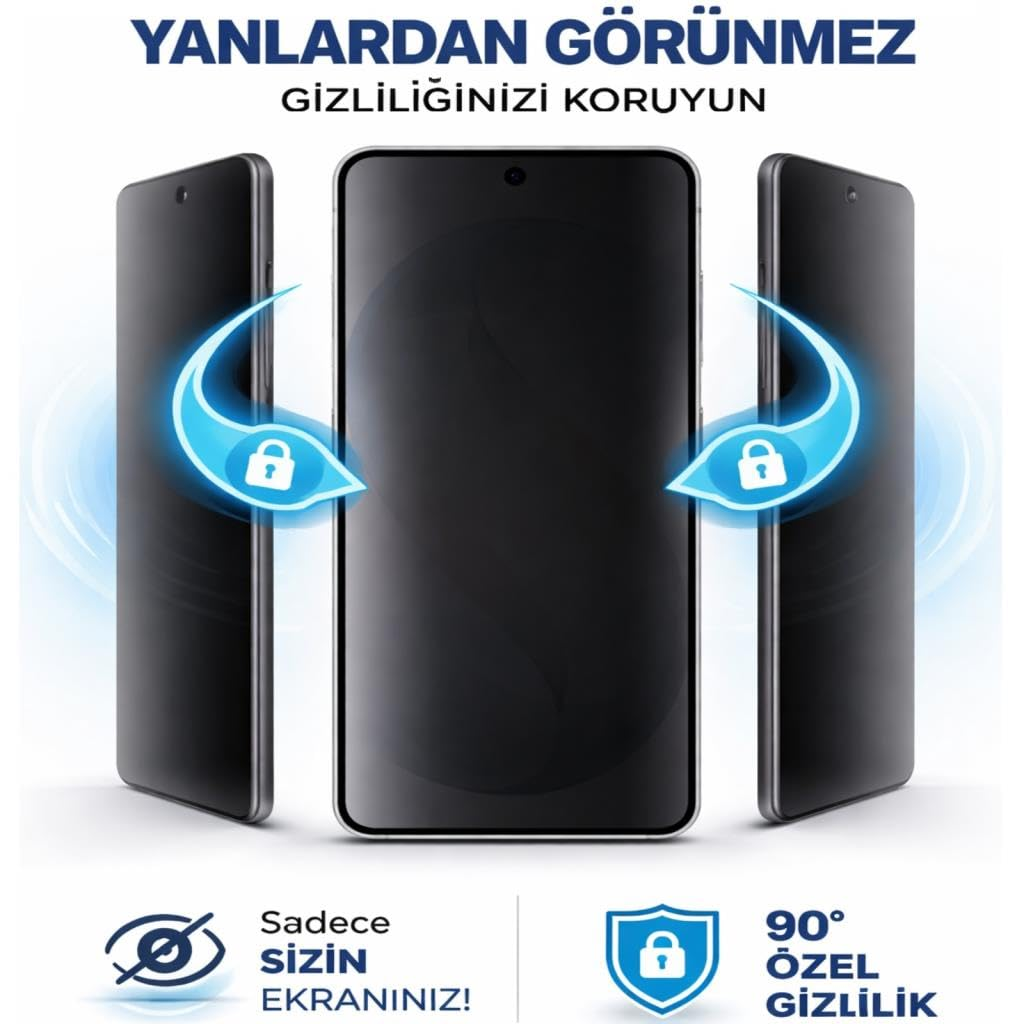 Üç akıllı telefon, açık gri arka planda kilit simgeleri ve turkuaz detaylarla gizlilik filtresi gösteriyor.