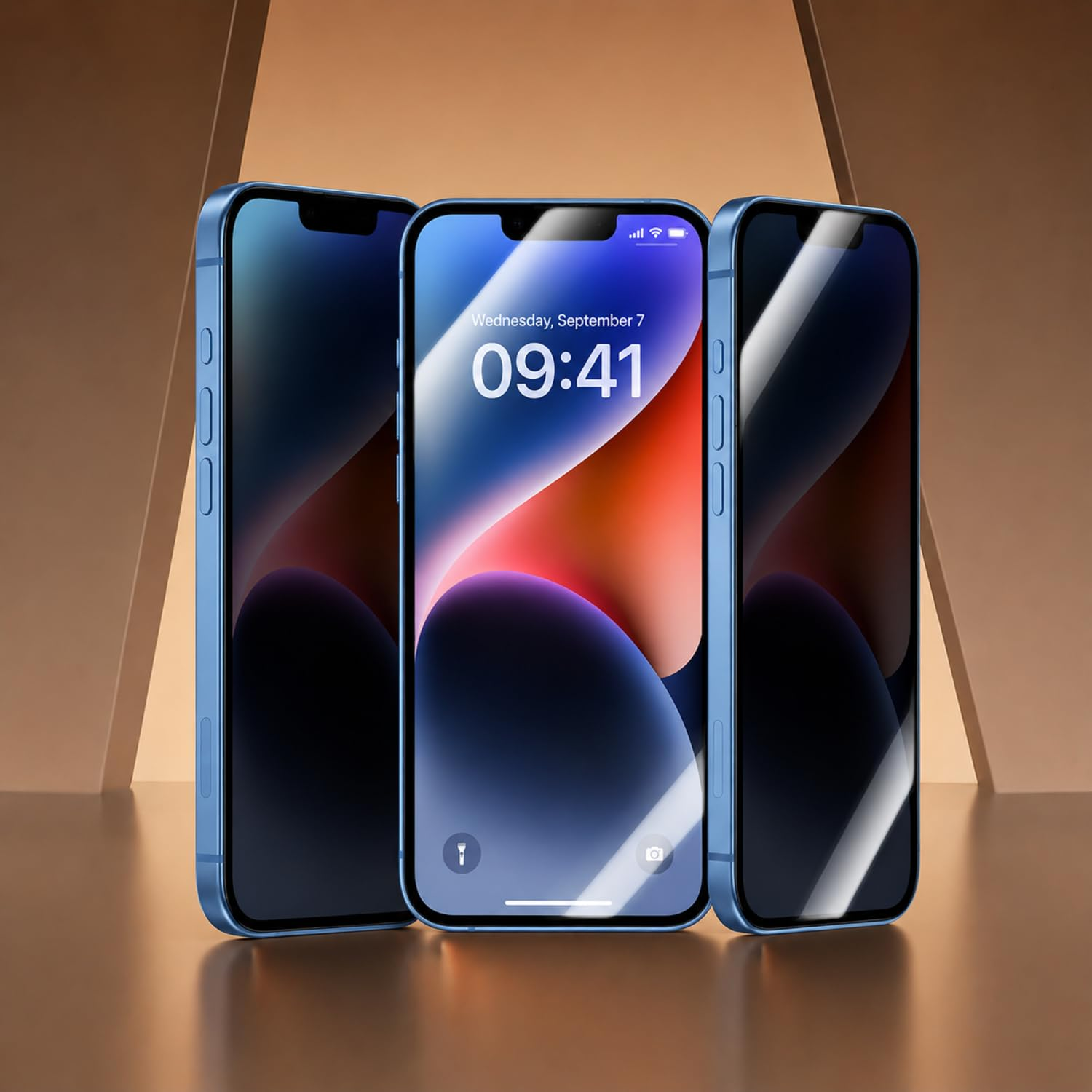 Üç mavi akıllı telefon, sıcak ve geometrik kahverengi bir arka plan önünde dikey duruyor.