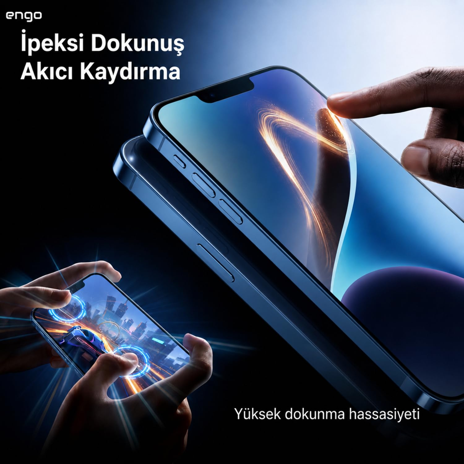 Bir parmak parlayan dalgalara sahip mavi akıllı telefon ekranına dokunurken, diğeriyle oyun oynanıyor.