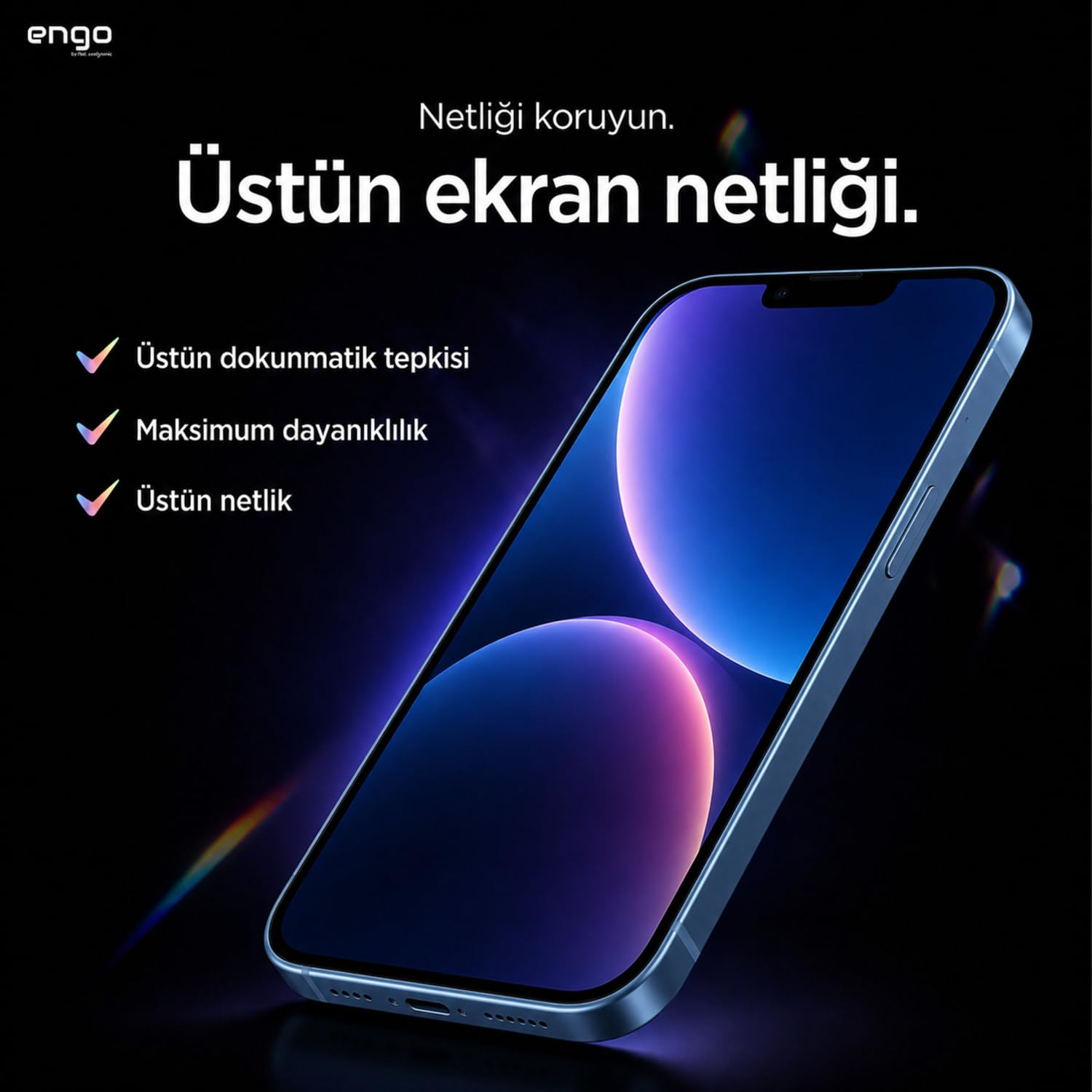 Karanlık arka planda Türkçe tanıtım metinleri ve canlı mavi-mor duvar kağıdı olan akıllı telefon.