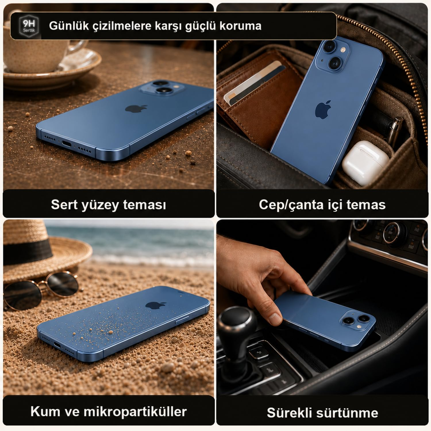 Yüzeylerde, çantalarda, kumsalda ve araçta çizilmeye karşı koruma gösteren mavi renkli bir iPhone'un dört sahnesi.