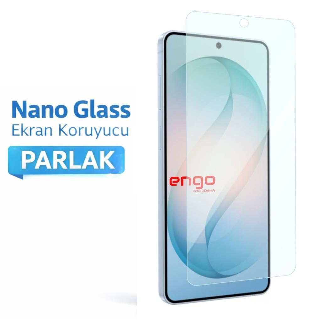 Şeffaf nano cam ekran koruyuculu akıllı telefon ve beyaz arka planda turkuaz metin.