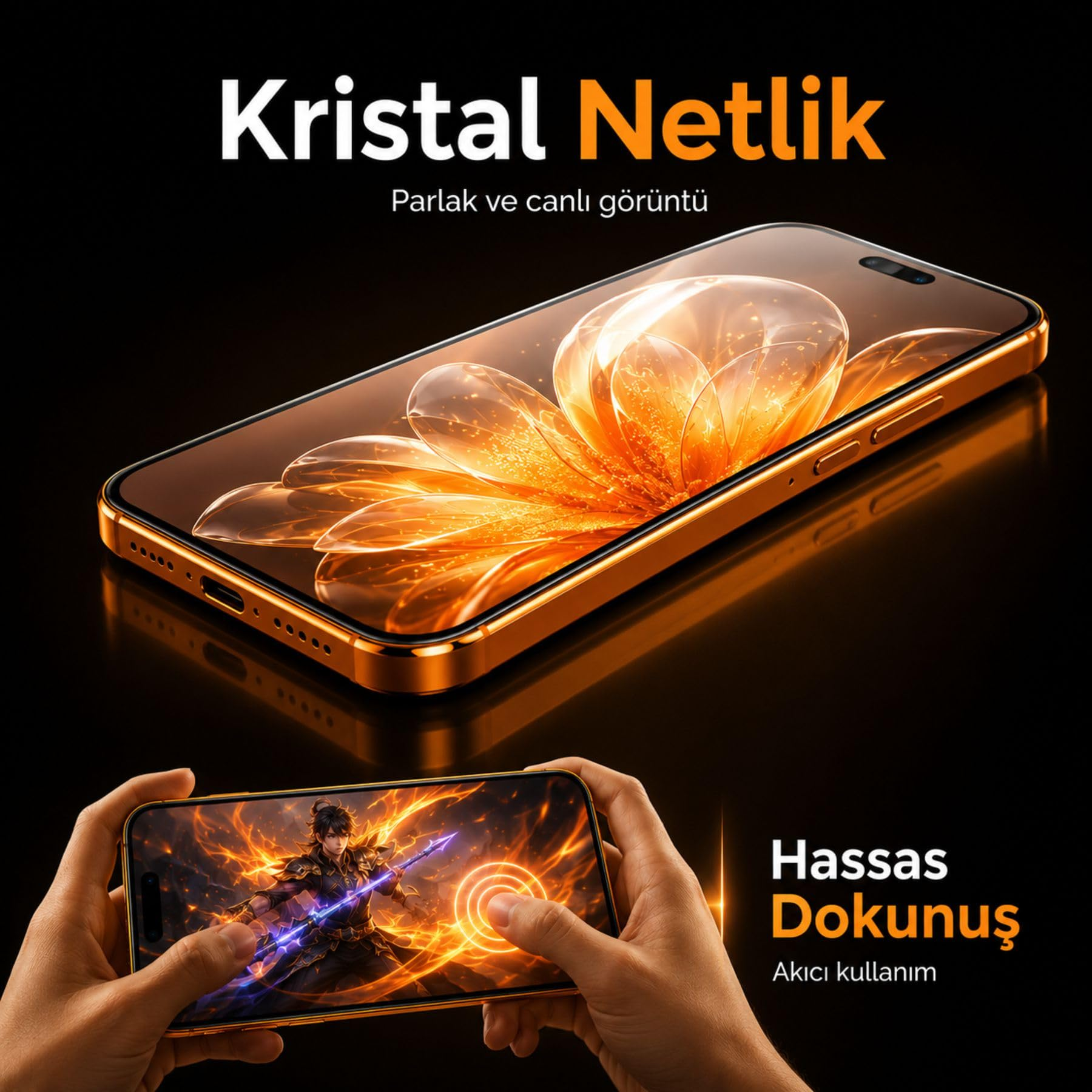 Parlak ekrana sahip altın renkli akıllı telefon ve siyah arka planda oyun oynayan eller.