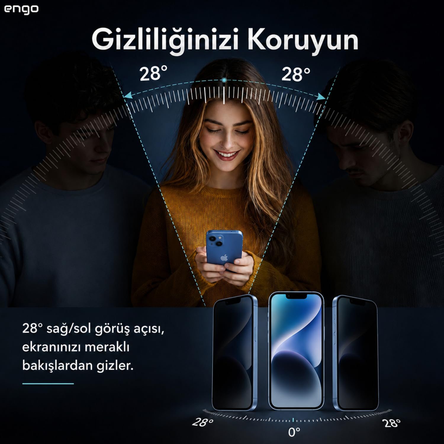 Gizlilik filtresiyle korunan ekrana iki kişi yanlardan bakarken bir kadın akıllı telefon tutuyor.