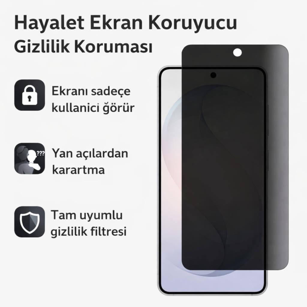 Türkçe metin ve beyaz arka planda üç özellik simgesi içeren akıllı telefon gizlilik ekran koruyucusu.