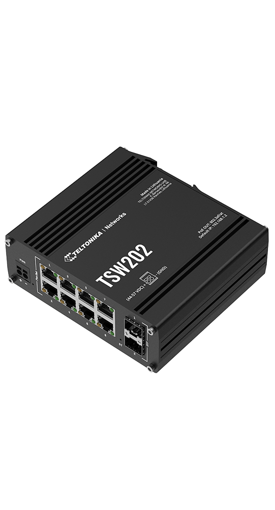 Switch de red Teltonika TSW202 negro con múltiples puertos Ethernet y SFP sobre un fondo negro.