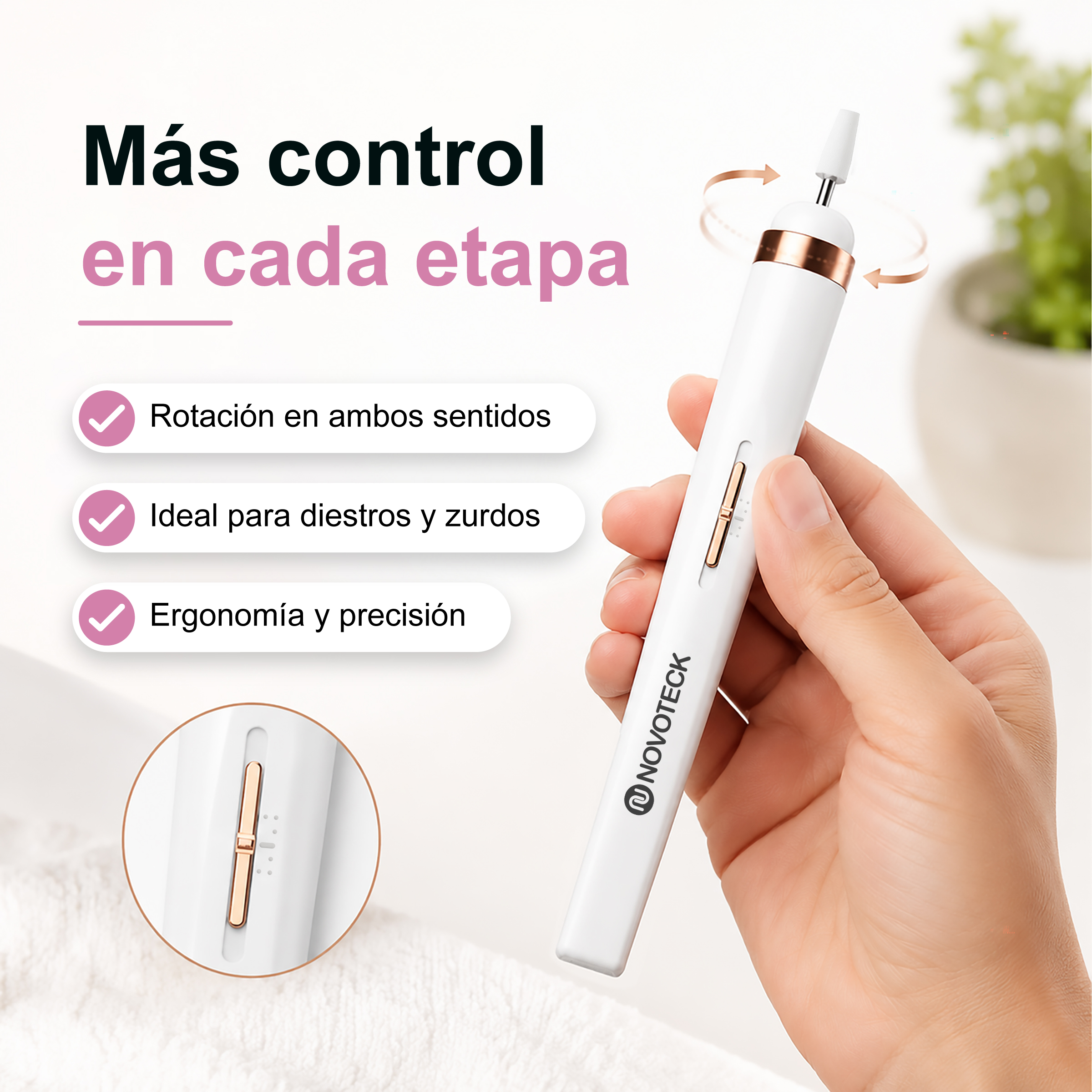 Una mano sostiene un torno de uñas Novoteck blanco, con texto e infografías.