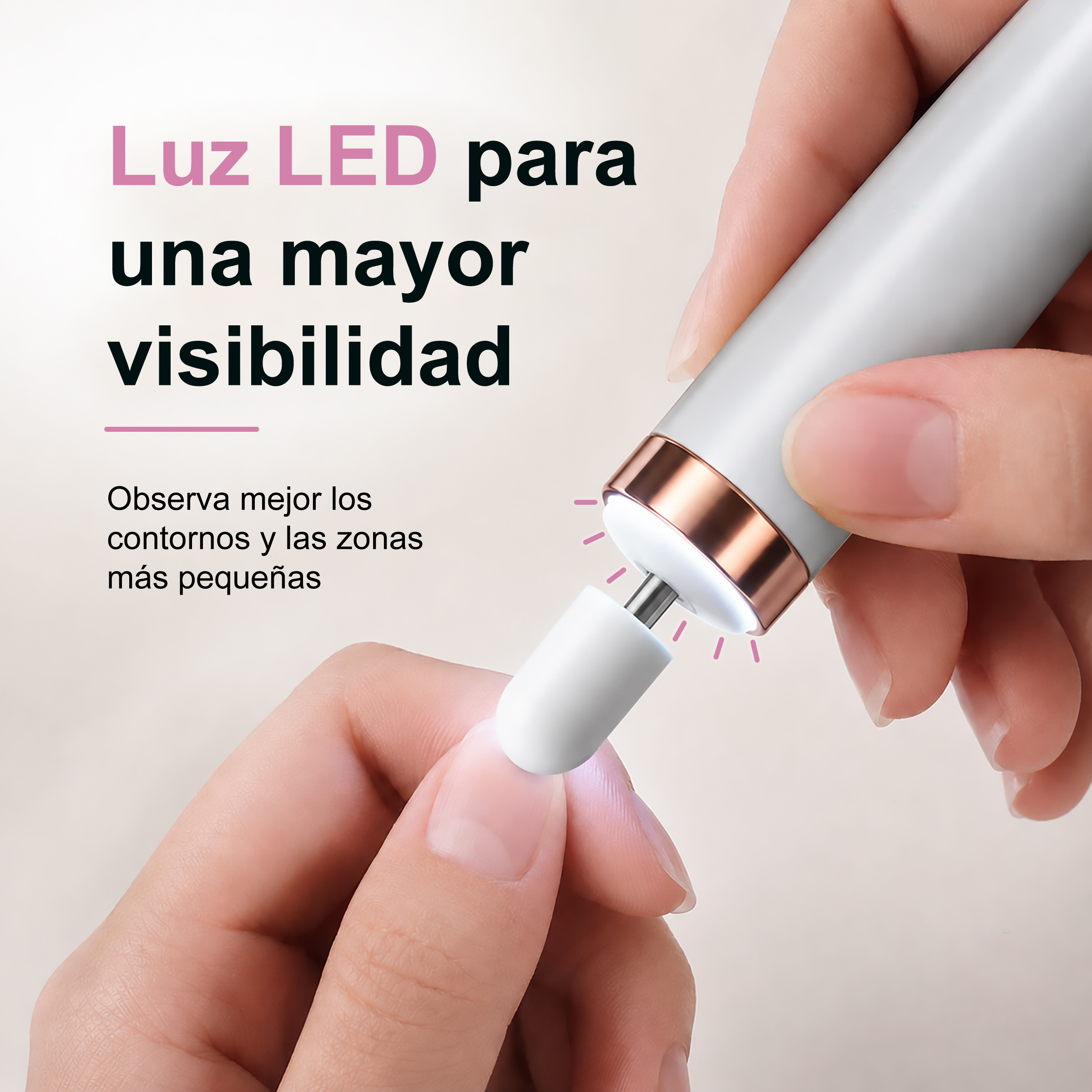 Torno de uñas LED aplicado sobre una uña, con texto en español a la izquierda.