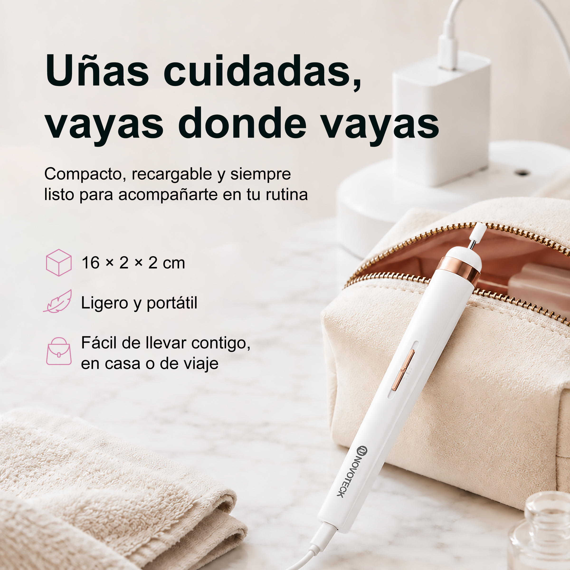 Un torno de uñas eléctrico blanco junto a un neceser con texto en español y características.