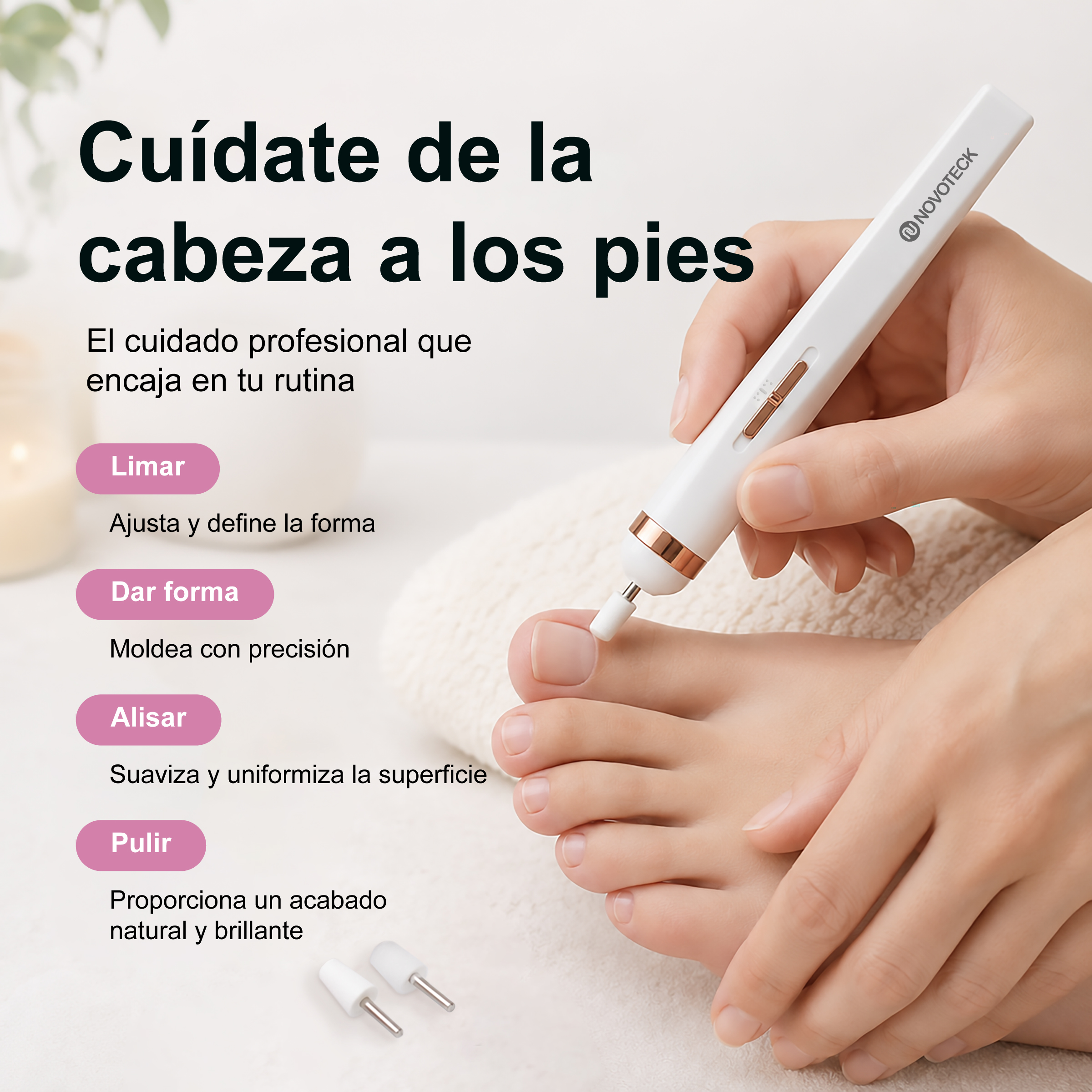 Alguien usa un dispositivo eléctrico de cuidado de uñas en un dedo del pie, con texto promocional en español.
