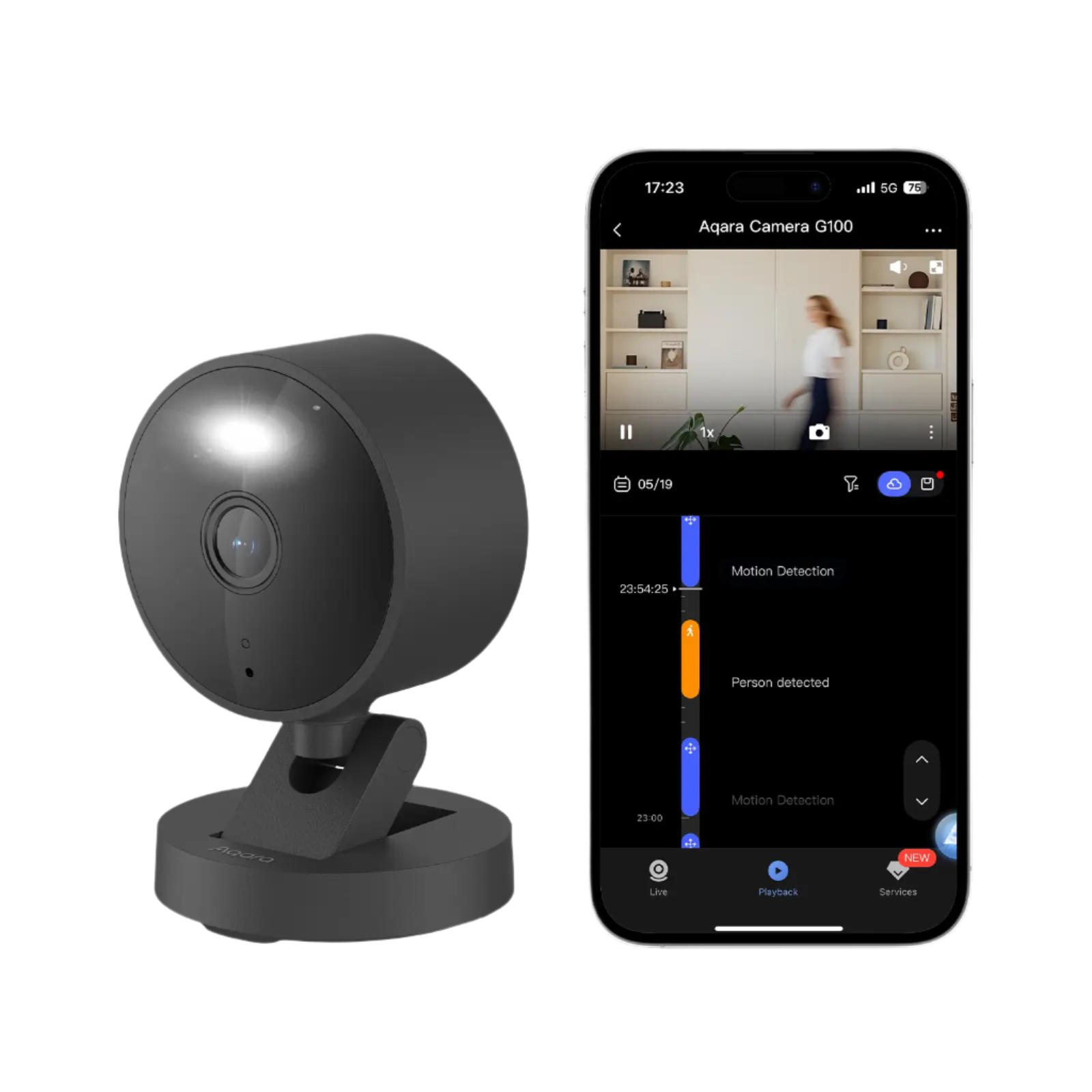Hareket algılama uygulaması açık bir akıllı telefonun yanında siyah renkli Aqara Kamera G100.