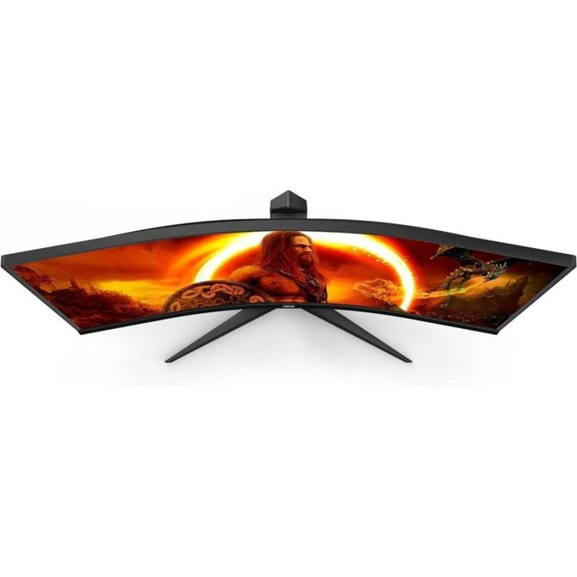 Ein gebogener schwarzer Gaming-Monitor zeigt eine orangefarbene Fantasy-Szene mit einer Person und einem Ring.
