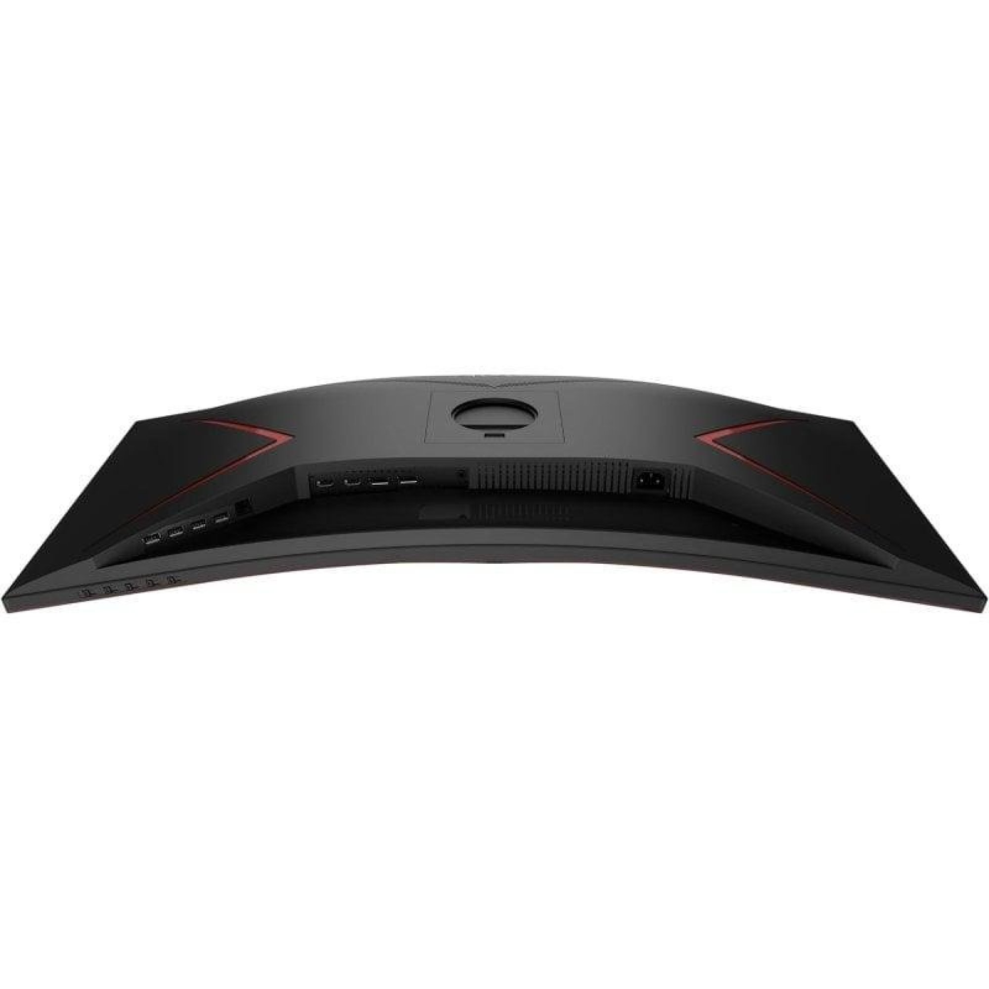 Rückseite eines schwarzen Curved-Monitors mit Anschlüssen und roten Akzenten.