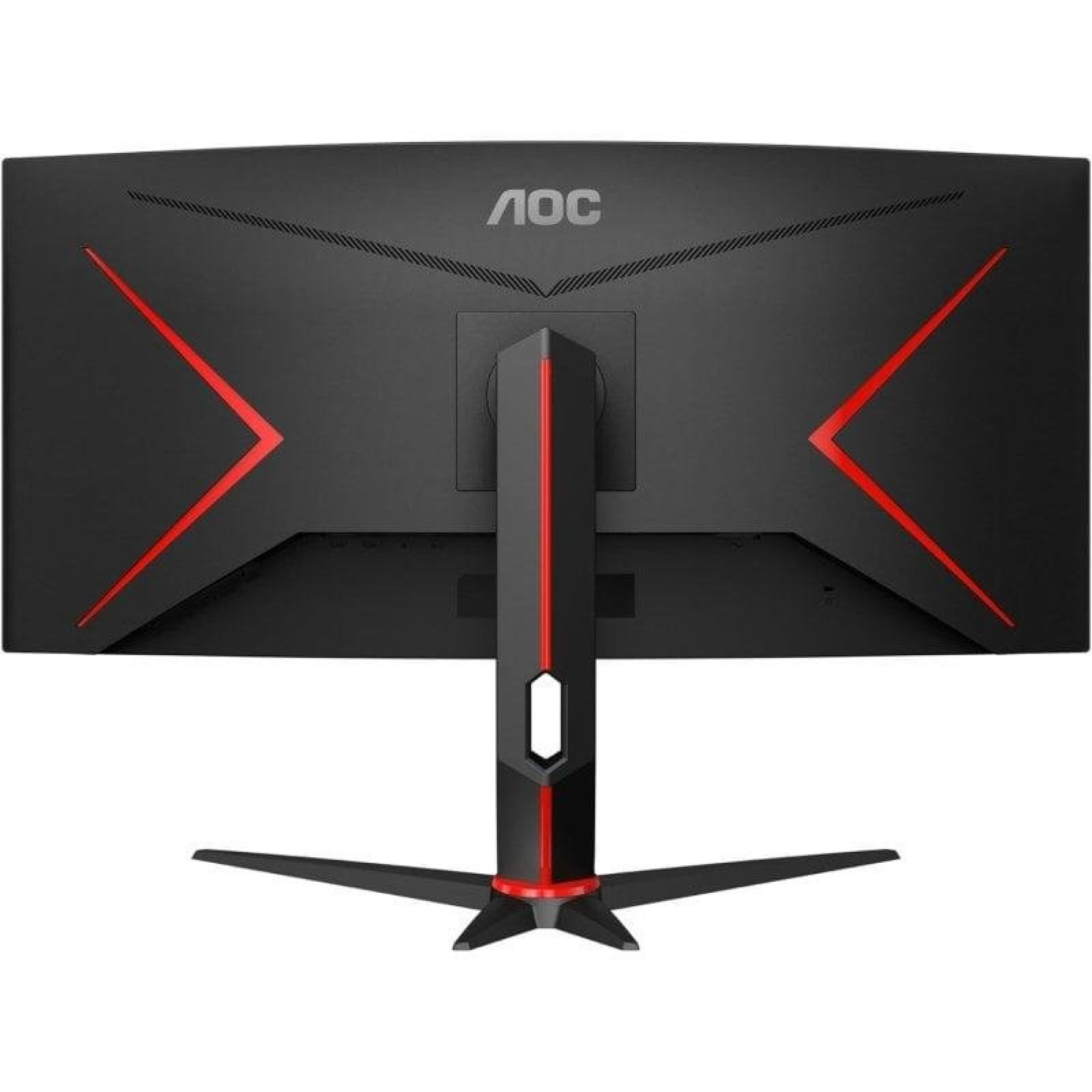 Rückansicht eines schwarzen AOC Curved-Gaming-Monitors mit roten V-förmigen Leuchtakzenten und verstellbarem Ständer.