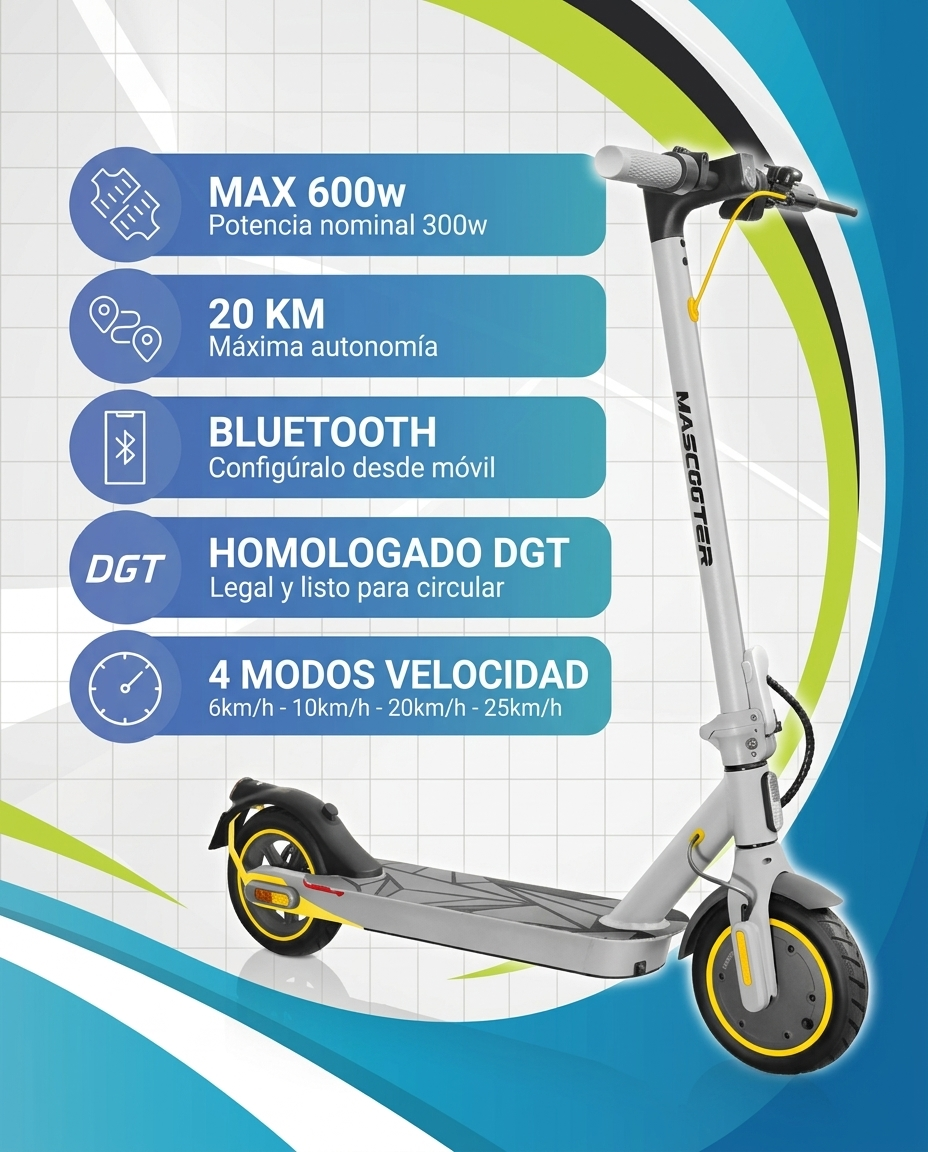 Un patinete eléctrico sobre un fondo azul y blanco con características destacadas en cuadros azules.