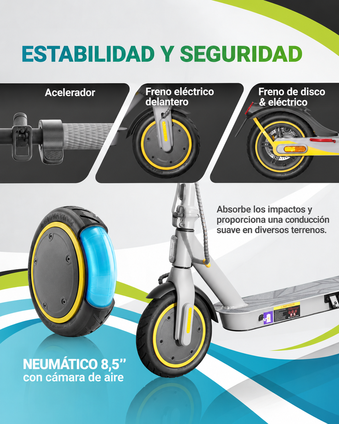 Detalles del patinete con manillar, frenos delantero y trasero y neumático con cámara de 8,5 pulgadas.