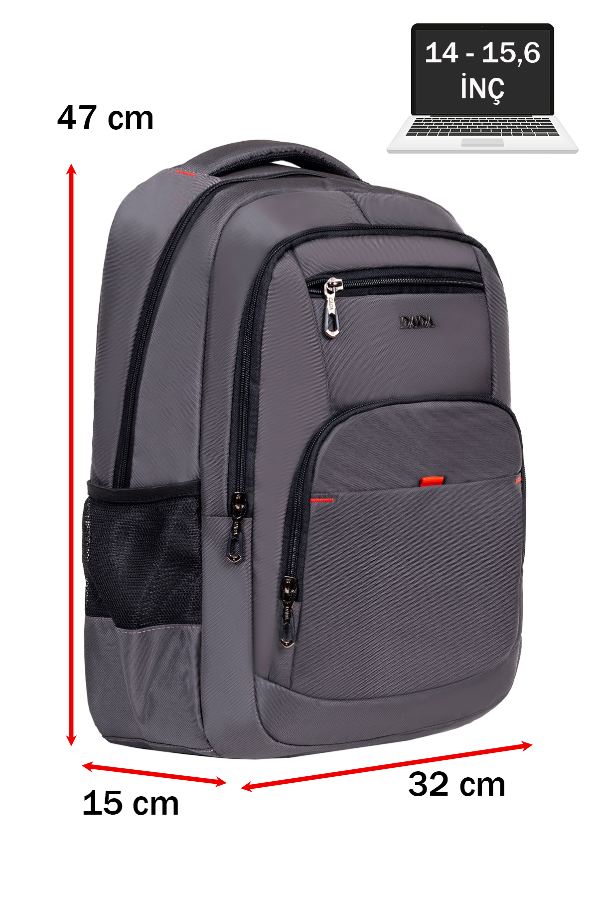 47x32x15 cm ölçülerinde gri sırt çantası ve 14-15.6 inç laptop simgesi.