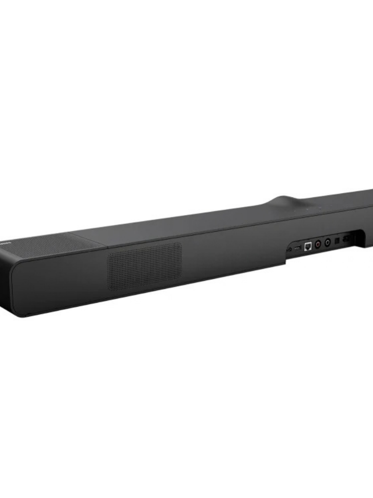 Arkadan açılı siyah soundbar, bağlantı portları ve hoparlör ızgaraları görünüyor.