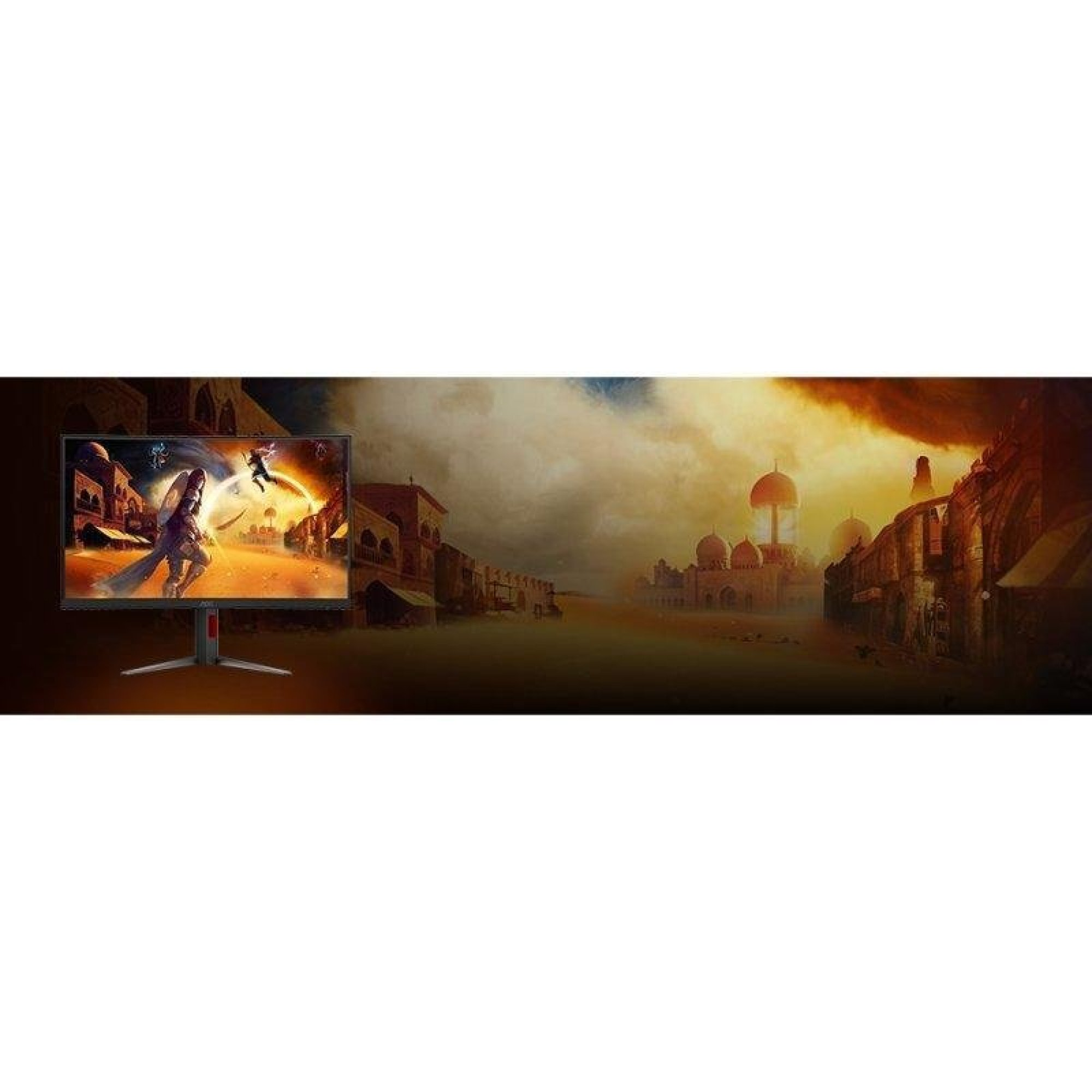 Un monitor de juegos muestra una escena desértica con edificios antiguos y un personaje de fantasía.