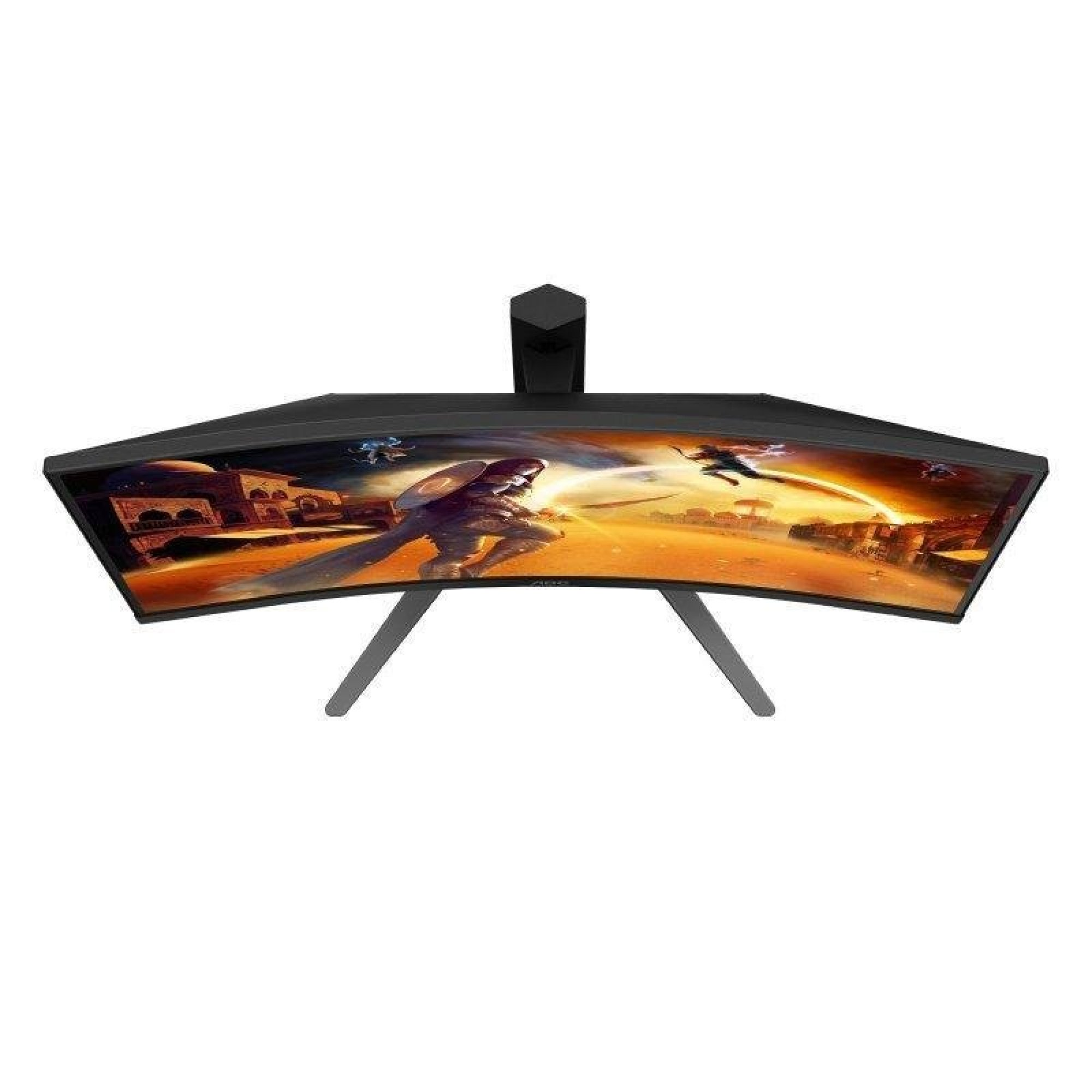 Un monitor de computadora negro curvo que muestra un paisaje de fantasía colorido en la pantalla.