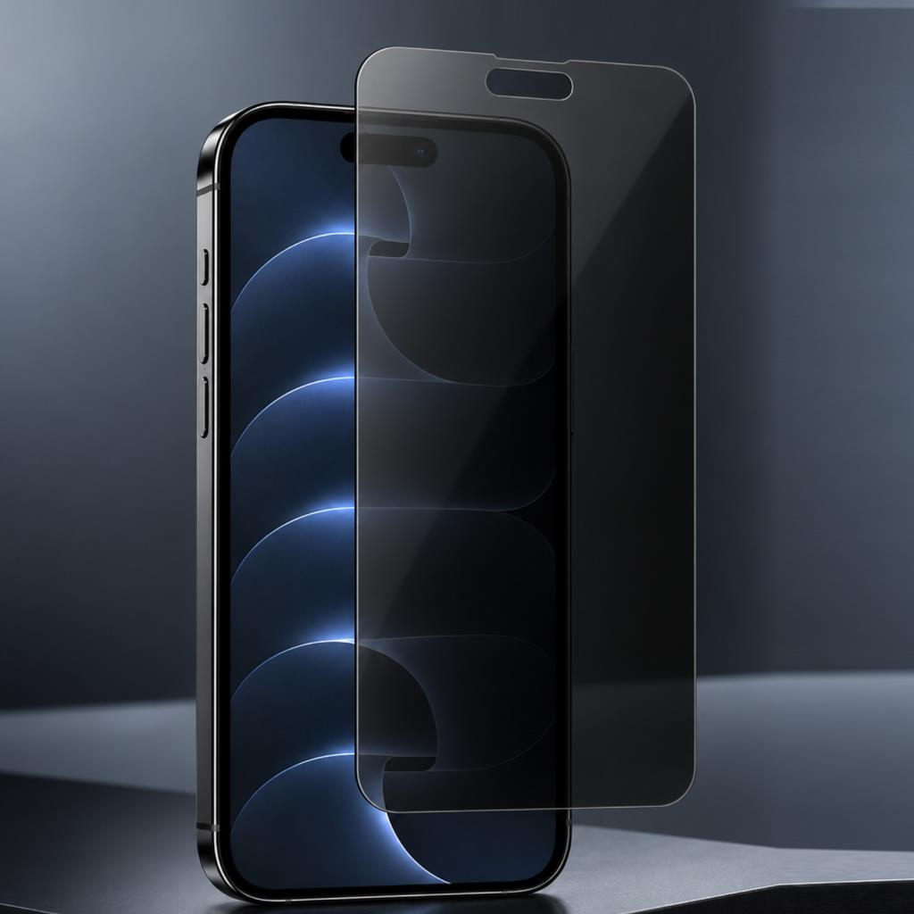 Bir masada duran akıllı telefonun önünde cam ekran koruyucu yer alıyor.