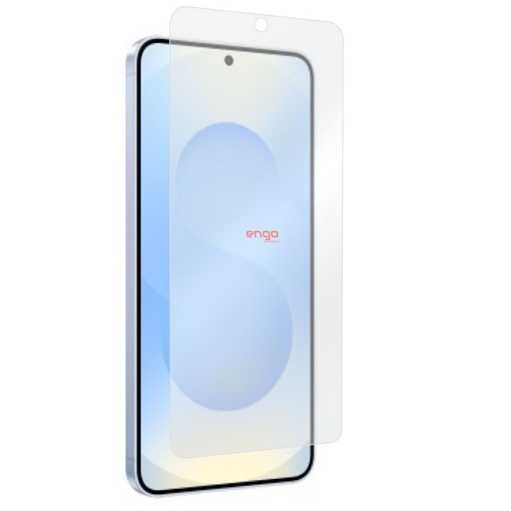 Üzerinde hafifçe süzülen şeffaf ekran koruyucu ve engo logosu bulunan akıllı telefon.