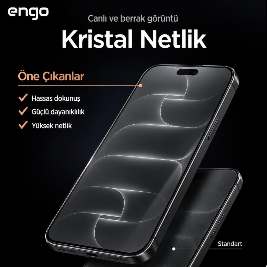 Ekran koruyuculu akıllı telefon, siyah arka planda kristal netlik ve dayanıklılık sunan Türkçe metin.