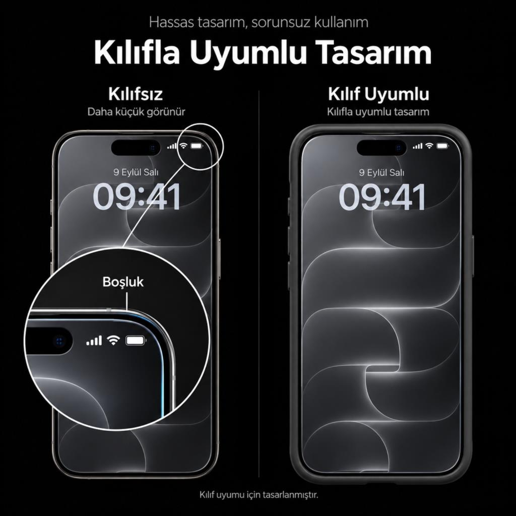 Kılıflı ve kılıfsız ekran koruyucu karşılaştırması, kılıf uyumlu tasarımı gösteriyor.
