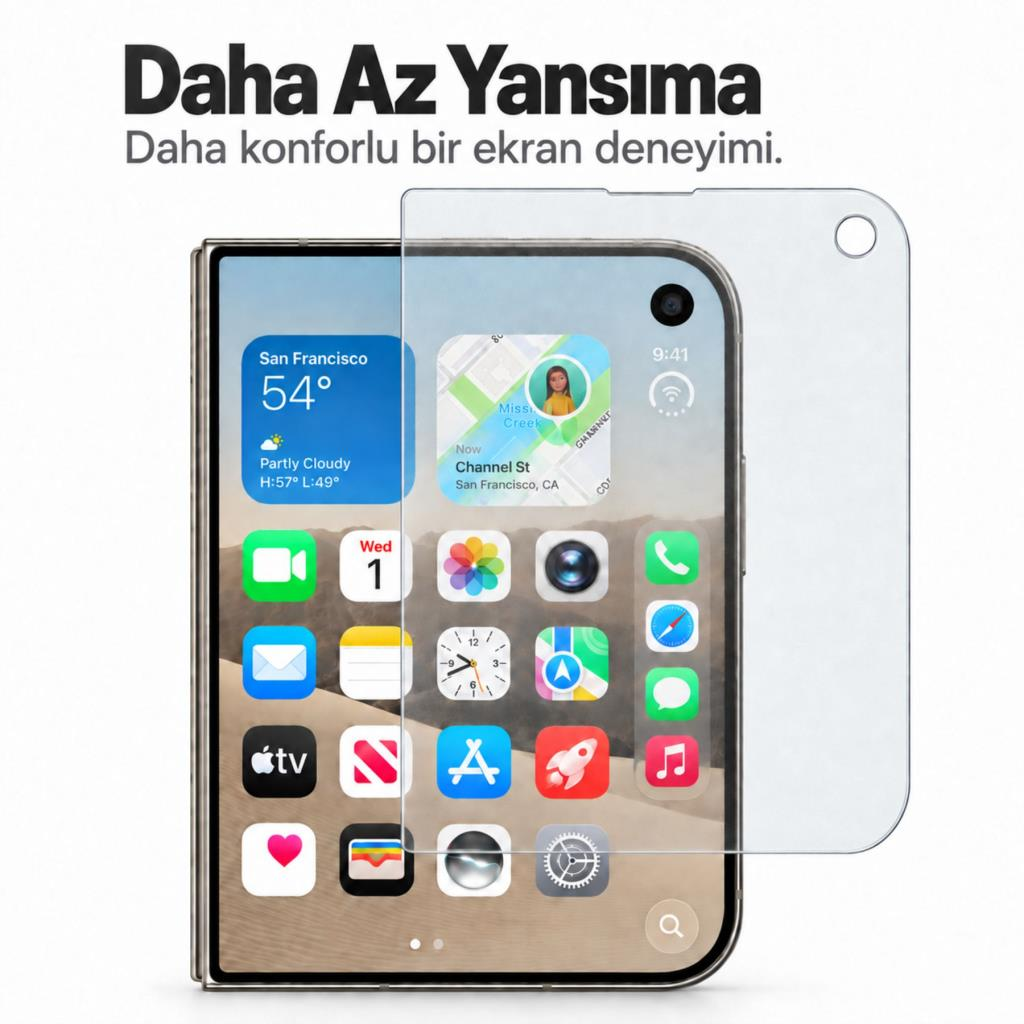 Ekran koruyuculu, uygulama simgeli akıllı telefon ve üzerinde Türkçe metin.