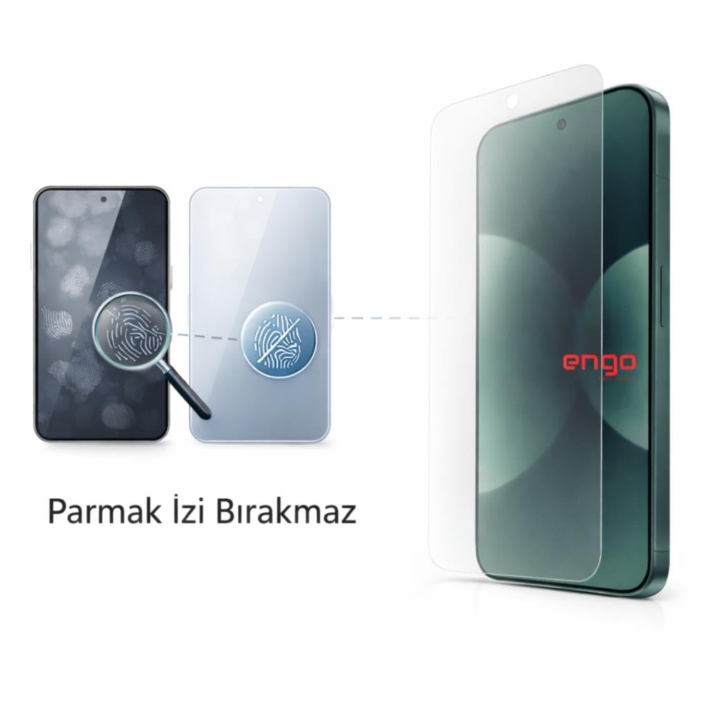 Koruyucu camlı telefon parmak izi bırakmaz, büyüteç ve simgelerle gösterilmiştir.