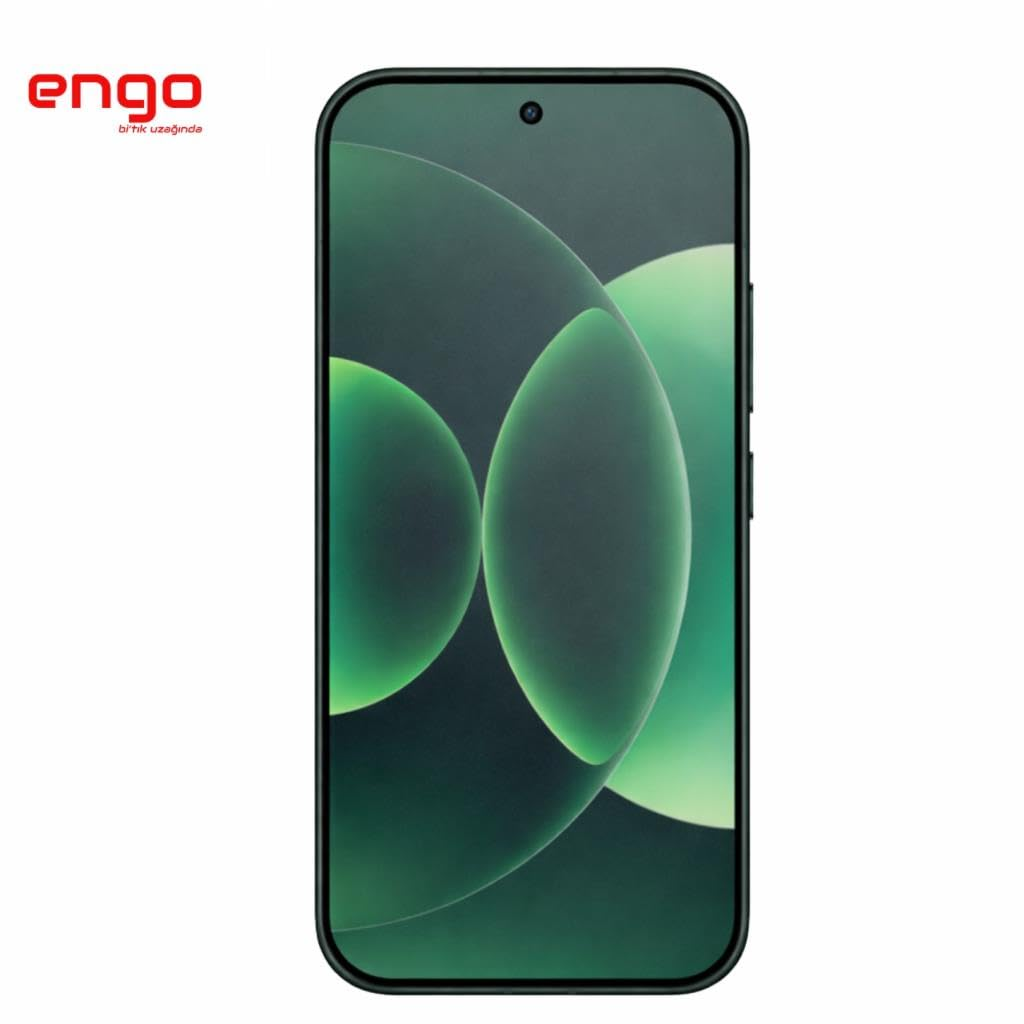 Üzerinde engo logosu bulunan, yeşil soyut daire desenli duvar kağıdına sahip siyah akıllı telefon.