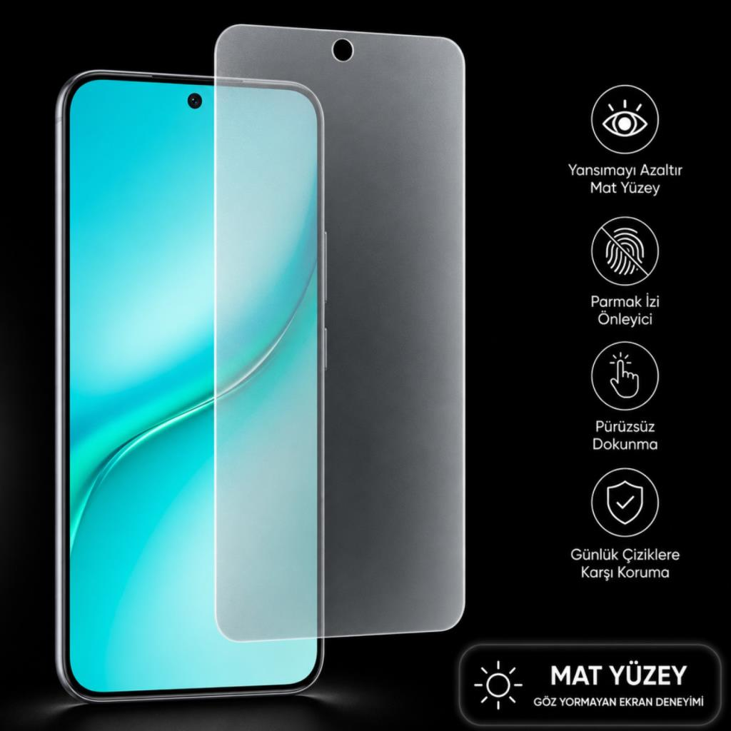 Siyah arka planda mat ekran koruyucu ve özellik simgeleri olan akıllı telefon.