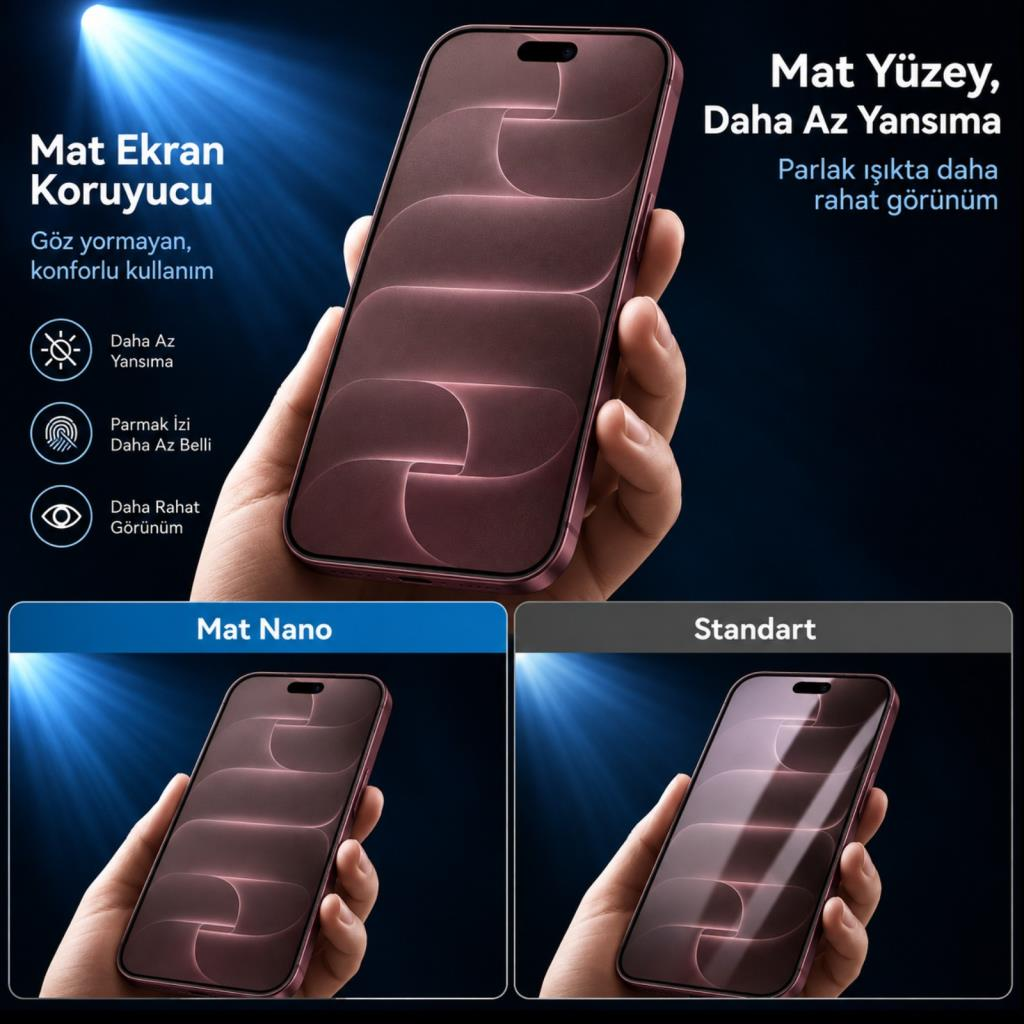 Mat ekran koruyuculu telefon tutan el, standart ekrana göre daha az yansıma gösteriyor.