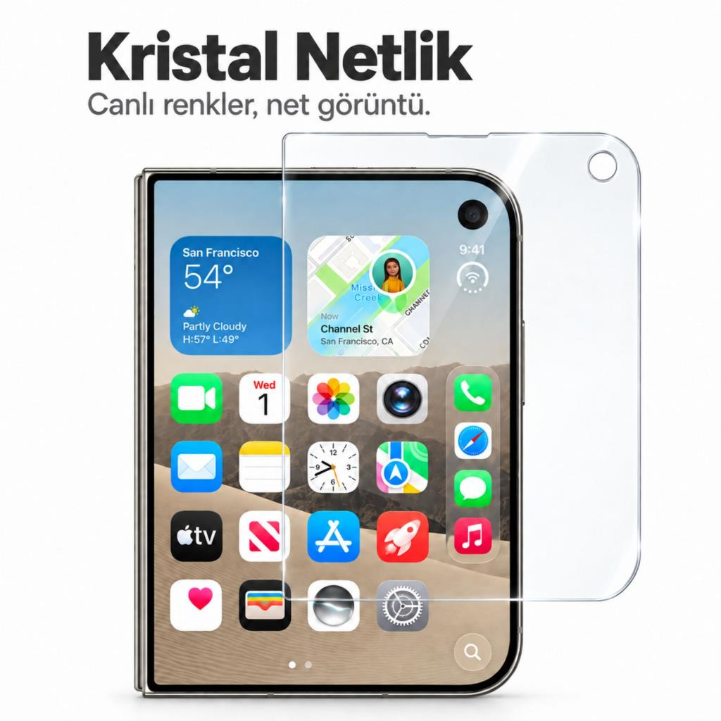 Şeffaf ekran koruyucusu kaldırılan katlanabilir akıllı telefon, uygulama simgeleriyle ana ekran.