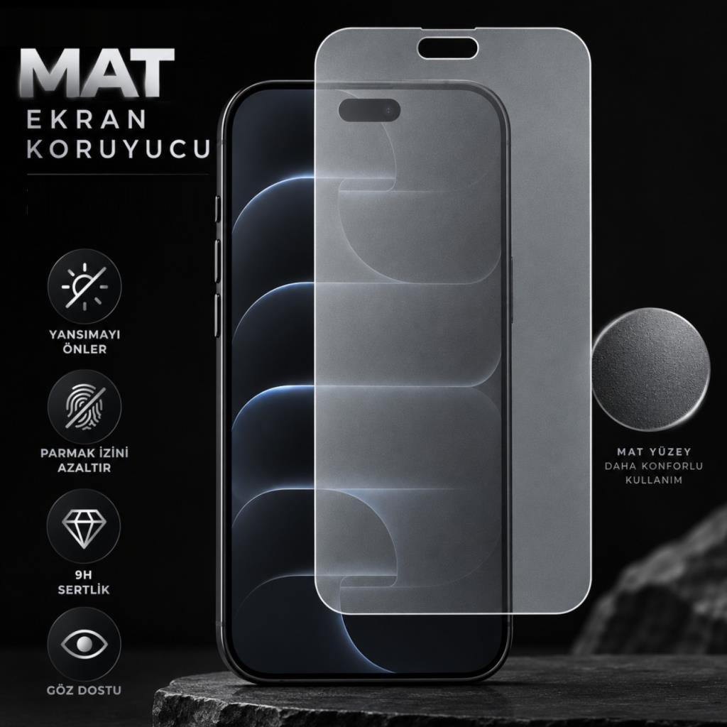 Özellik simgeleri olan bir akıllı telefonun önünde mat ekran koruyucu.