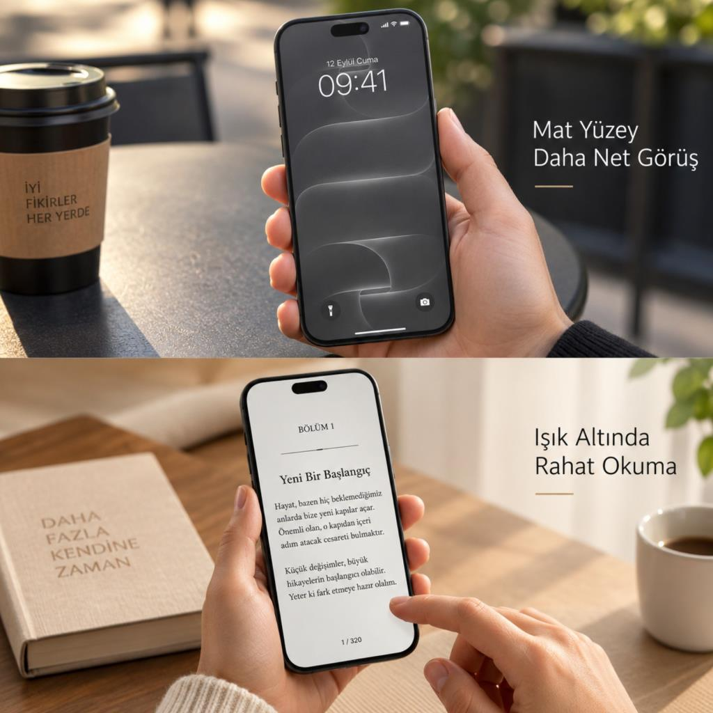Mat ekranlı ve kitap uygulaması açık akıllı telefonu tutan bir kişi, bir kitap ve bardak yanında.