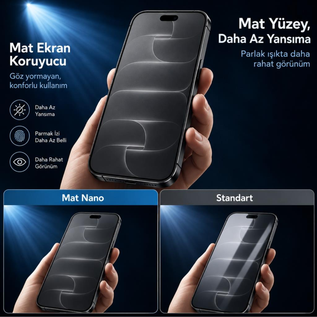 Mat ekran koruyuculu, daha az yansımalı akıllı telefonu tutan el ve metinler.