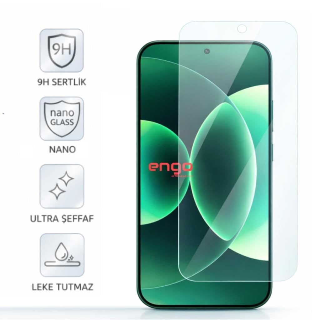 Ekran koruyucu ve sertlik, nano cam, şeffaflık ve leke tutmama özelliklerini gösteren dört simgeli akıllı telefon.