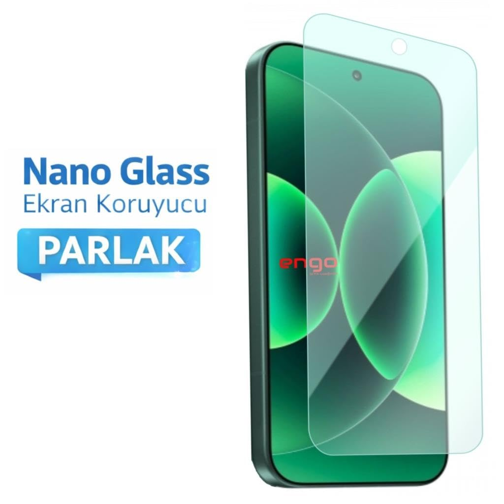 Şeffaf nano cam ekran koruyuculu akıllı telefon ve beyaz arka planda turkuaz metin.
