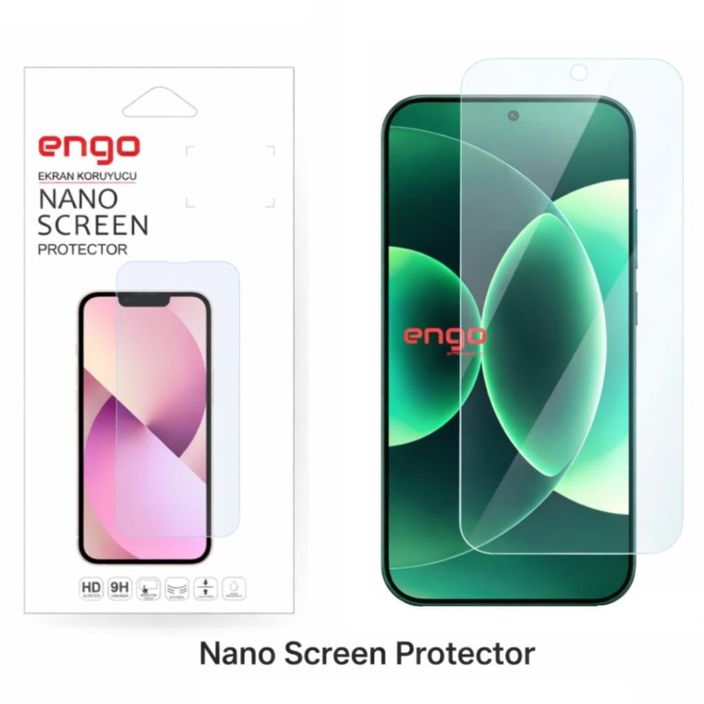 Koruyucu filmlü akıllı telefonun yanında ambalajında Engo nano ekran koruyucu.
