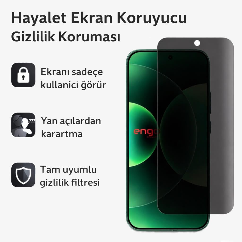 Akıllı telefon ve üç özellik simgesi içeren hayalet ekran koruyucu reklamı.