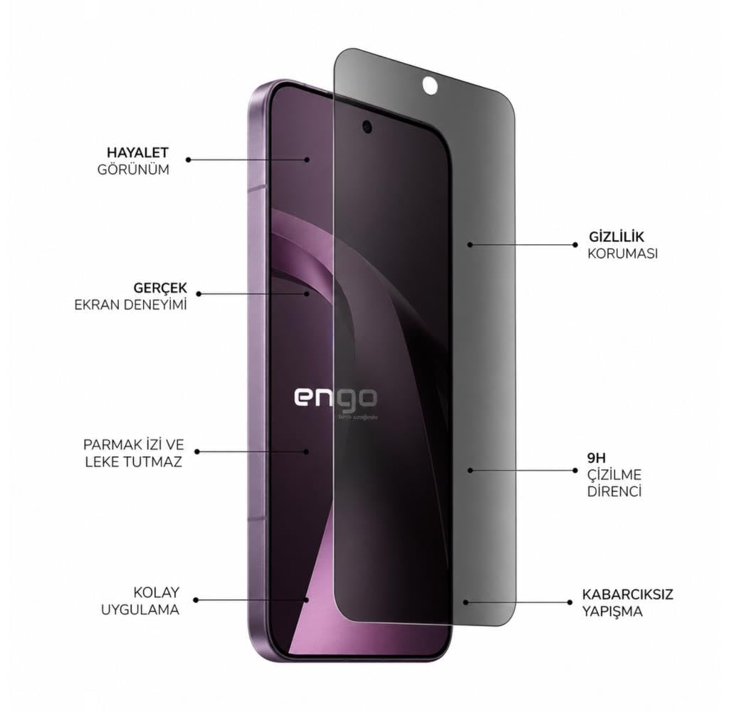 Özelliklerini belirten Türkçe etiketlerin bulunduğu, gizlilik ekran koruyuculu mor bir akıllı telefon.
