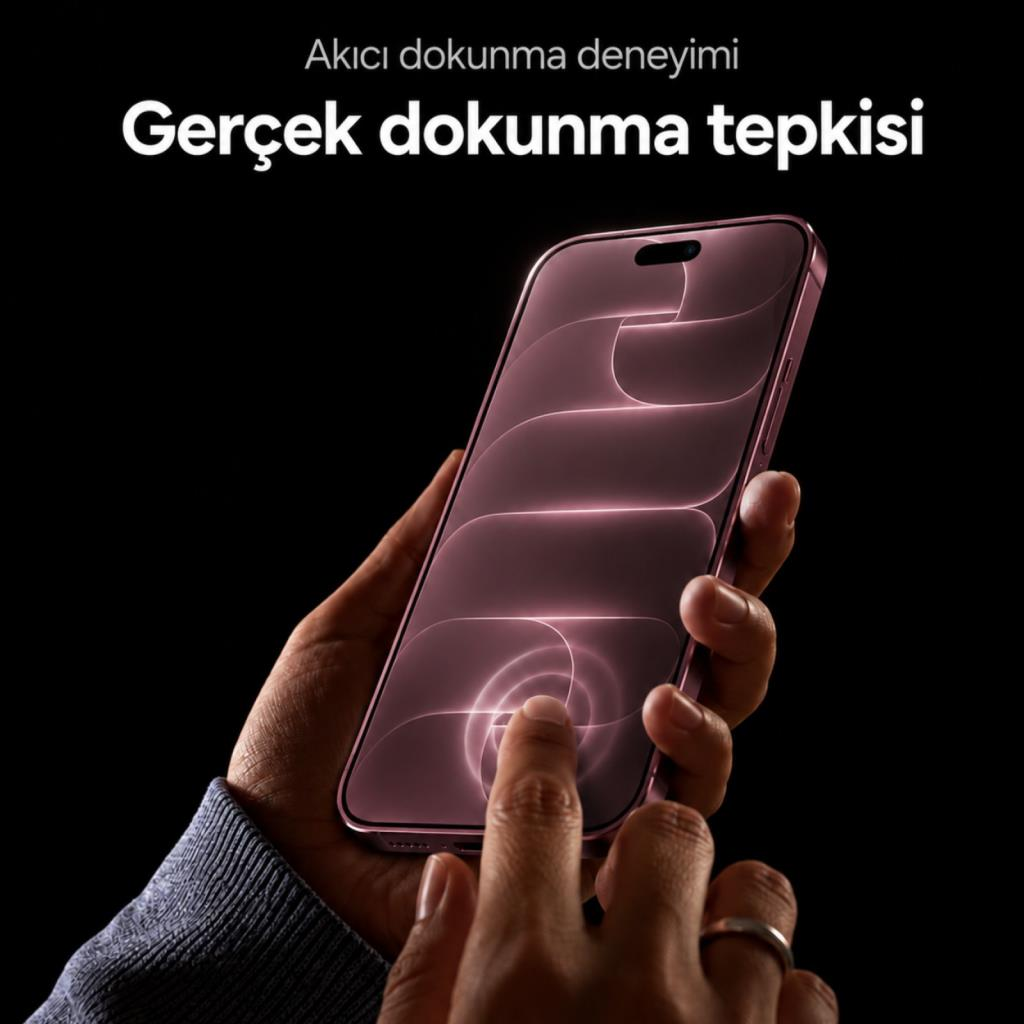 Bir el, siyah arka planda pembe soyut grafik ve üstte Türkçe metin bulunan akıllı telefon ekranına dokunuyor.